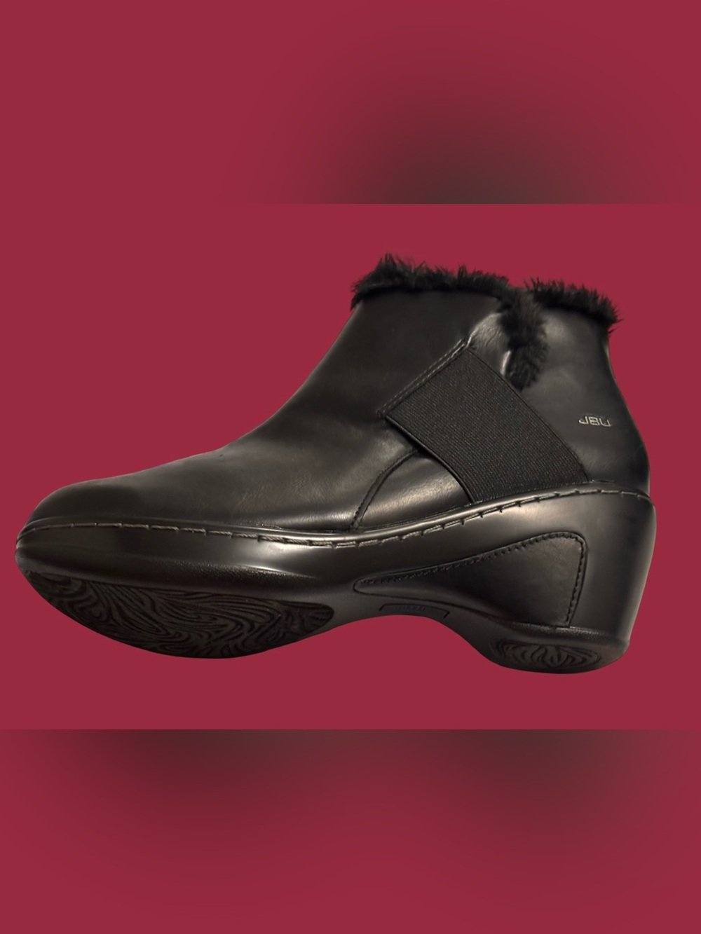 JBU Black Leather Slip-On Ankle Boot with Faux Fur Collar